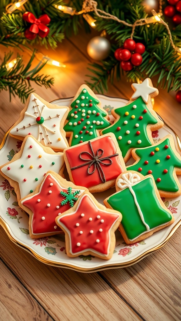 A plate of decorated Christmas gift cookies in festive shapes with colorful icing and sprinkles.